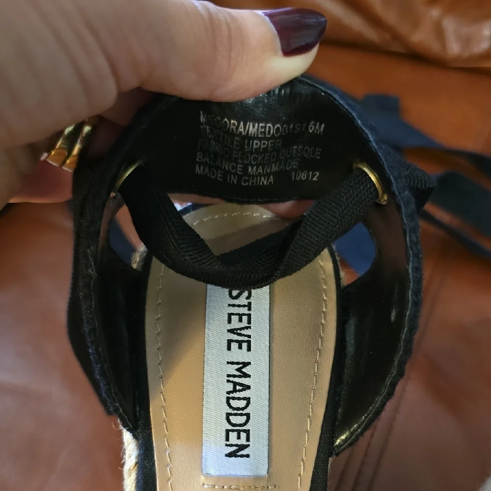 Steve Madden Black and Cream Espadrille Wedge Sandals